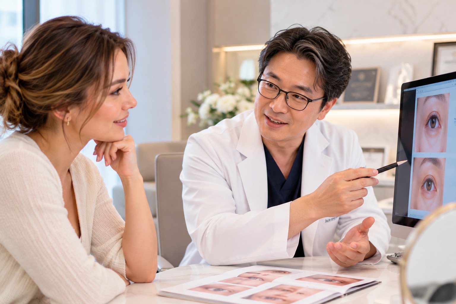 Korean plastic surgeon discussing eyelid surgery with an international patient